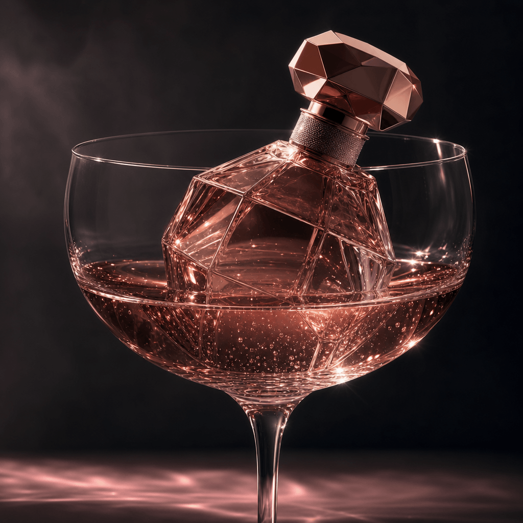 A sculptural perfume bottle partially immersed in blush rosé inside a thin-stemmed crystal glass, tiny bubbles and lumin