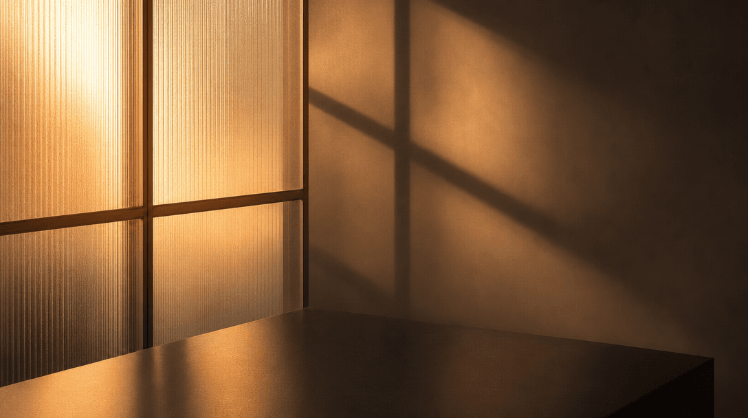 Abstract warmth and safety concept: soft amber light filtering slowly through frosted architectural glass panels, castin