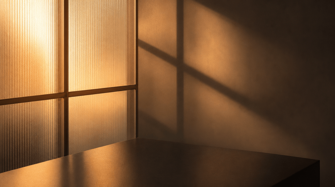 Abstract warmth and safety concept: soft amber light filtering slowly through frosted architectural glass panels, castin