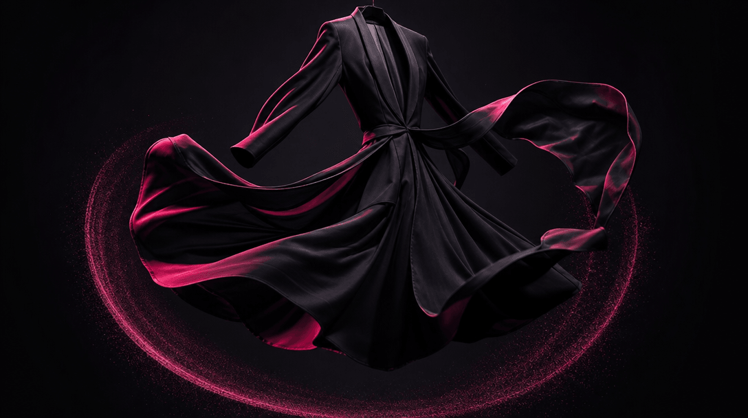 A tailored black fashion garment suspended in a dark studio as if caught during a graceful rotation, fabric edges tracin
