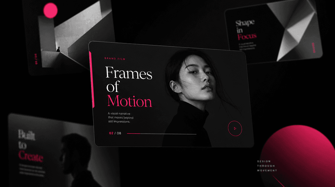 Sleek dark background with floating video frame cards in minimalist design. Hot pink and off-white accent elements. Soft