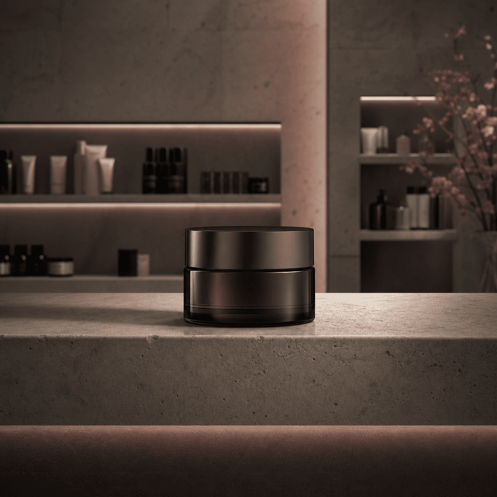 A minimalist cosmetic jar centered on a premium department-store shelf with limestone surfaces, soft recessed lighting,