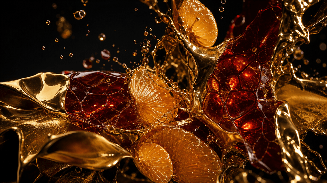 Abstract collision of polished gold, translucent citrus pulp, suspended juice droplets, and glossy organic membranes, ar