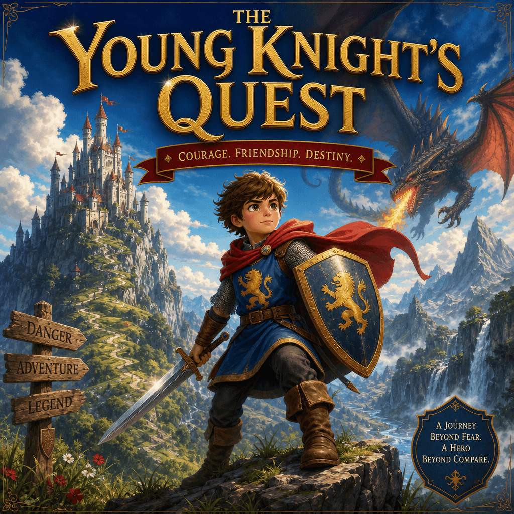 Fantasy adventure cover: Child illustrated as a brave knight or adventurer on an epic quest. Castle or mountain backdrop