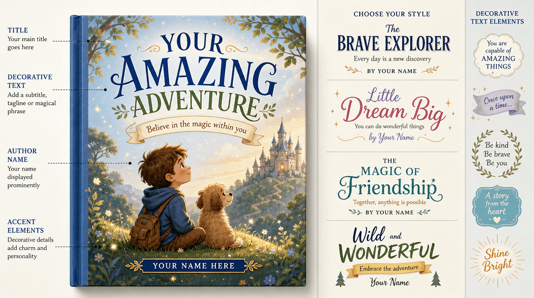 Typography and text customization: Book cover design showing customizable title placement, author name area, and decorat