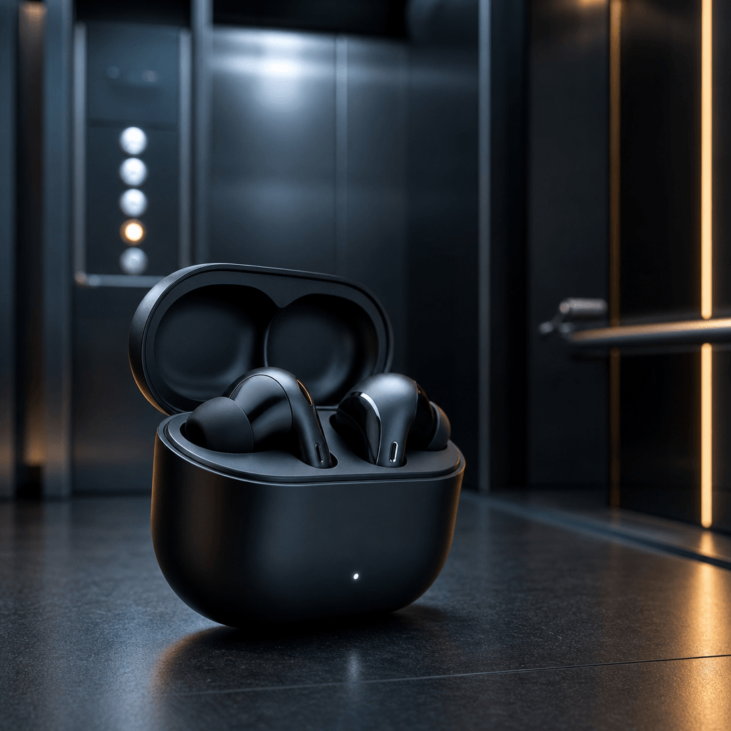 Premium wireless earbuds in their open charging case inside a sleek elevator environment, metallic reflections on the ma