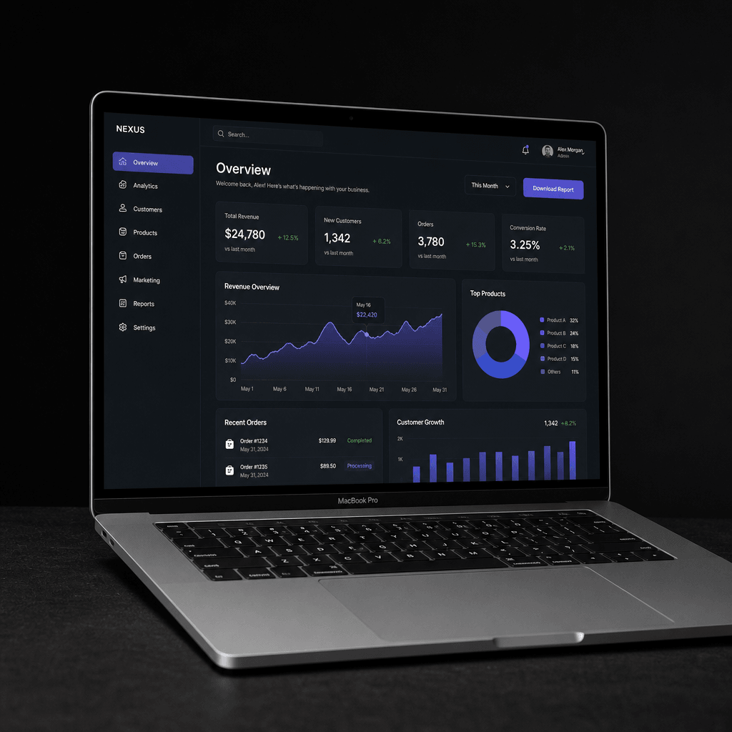 Apple MacBook Pro laptop at slight angle on dark surface, displaying polished web dashboard with data visualization. Dra
