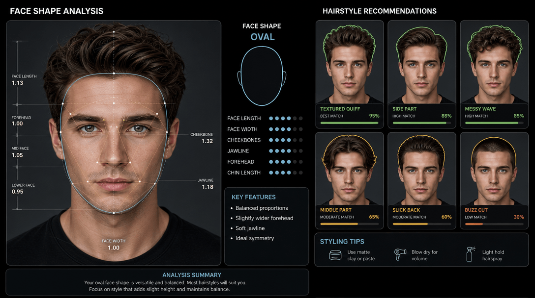 Face shape analysis visualization, contour lines showing face geometry, hairstyle recommendation mapping overlay.