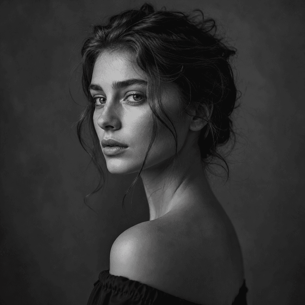 Artistic black-and-white portrait, editorial styling, dramatic contrast, fine art photography, monochrome fine art print