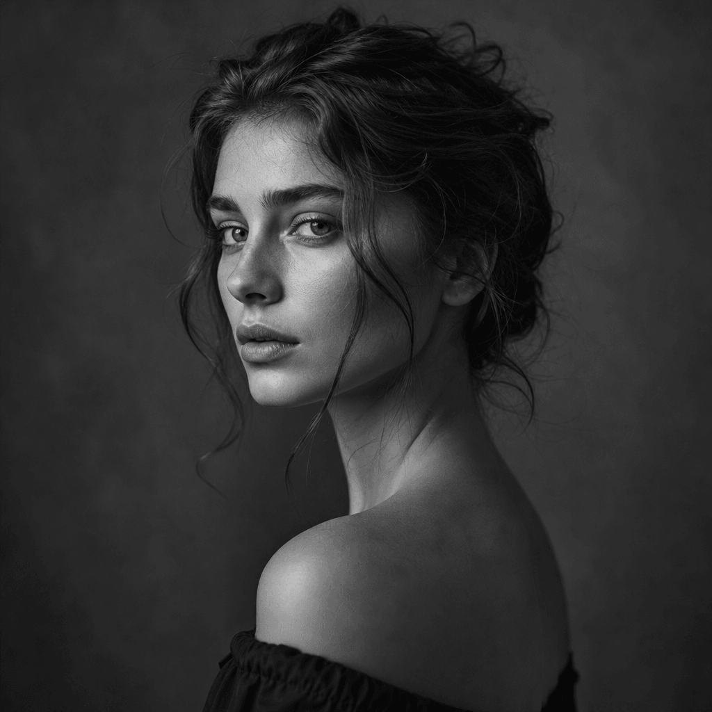 Artistic black-and-white portrait, editorial styling, dramatic contrast, fine art photography, monochrome fine art print