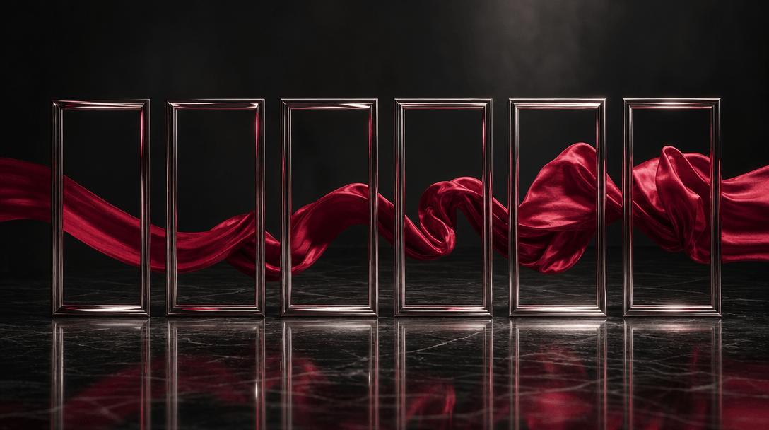 Six identical polished metal frames aligned with perfect visual continuity, each reflecting the same flowing crimson sil