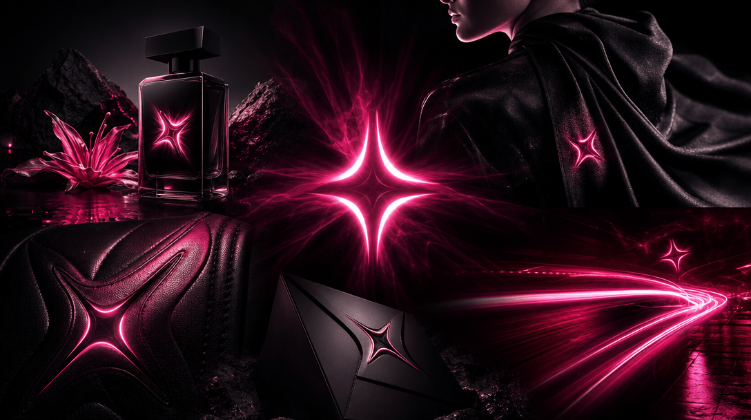 A single luminous brand symbol radiating into multiple cinematic creative materials: a product scene, fashion texture, p