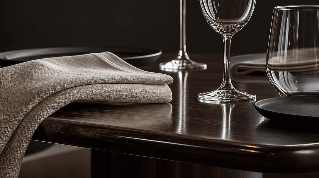 Extreme macro detail of a photorealistic restaurant render at high resolution — sharp linen napkin texture, glinting win