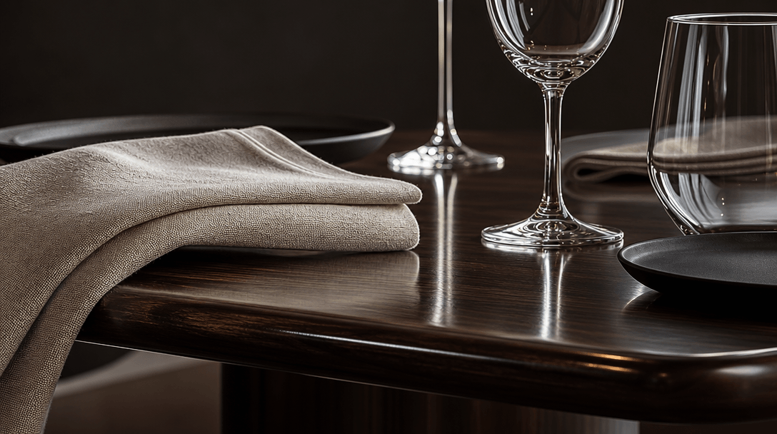 Extreme macro detail of a photorealistic restaurant render at high resolution — sharp linen napkin texture, glinting win