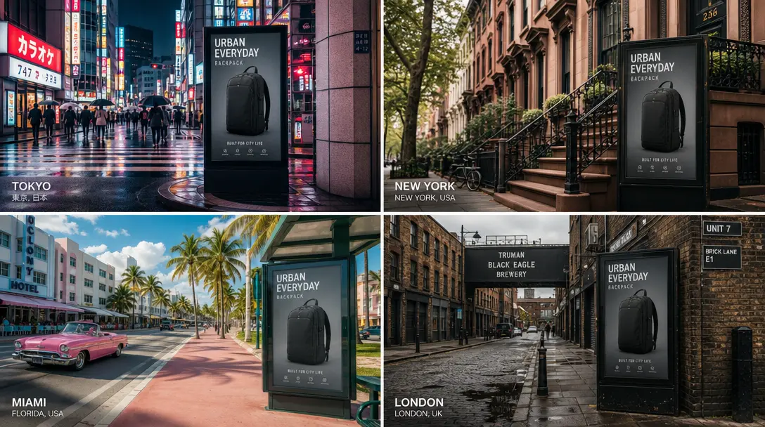 Grid showcase of diverse global urban environments: modern Tokyo neon street corner, vintage New York brownstone facade,
