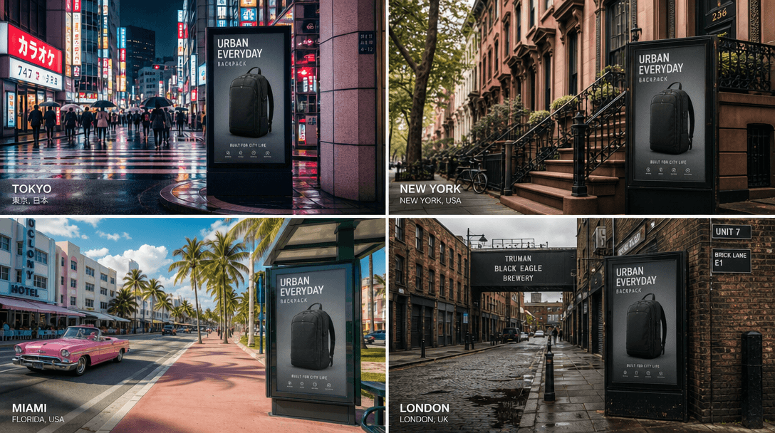 Grid showcase of diverse global urban environments: modern Tokyo neon street corner, vintage New York brownstone facade,