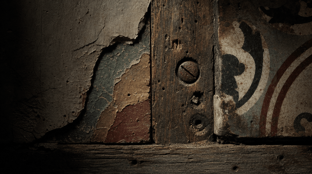 Abstract macro study of layered interior materials — cracked plaster revealing earlier paint strata beneath, worn timber