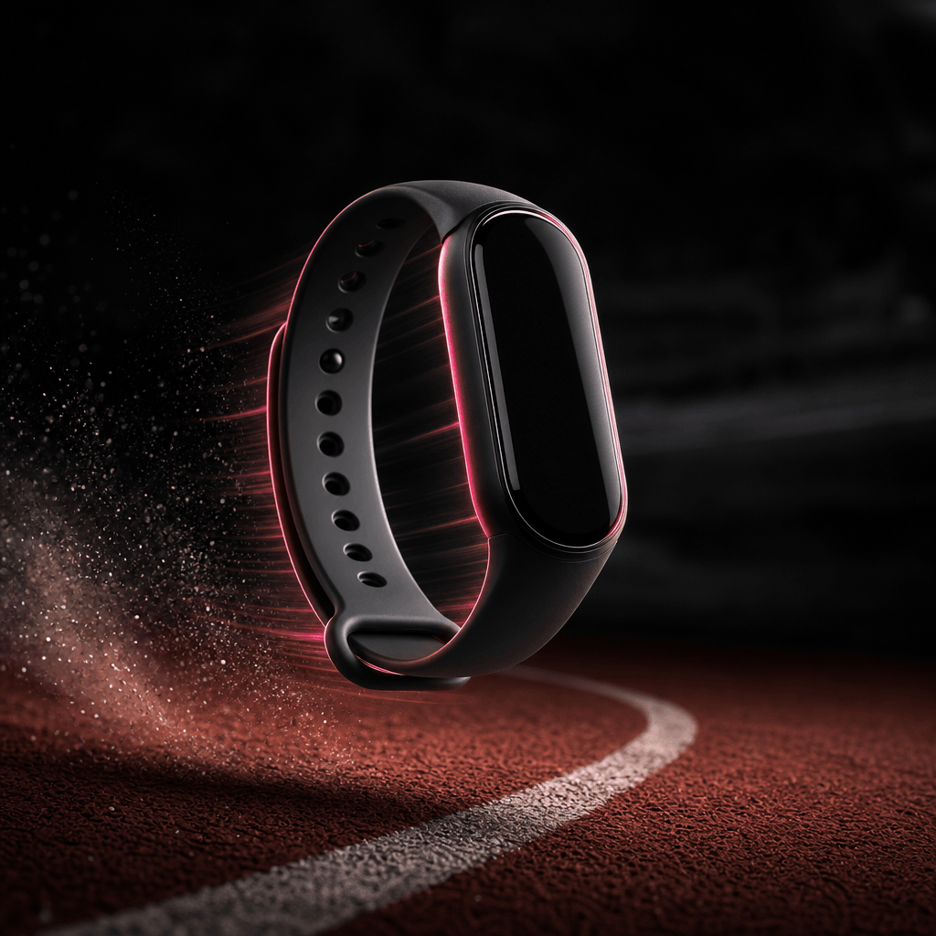A compact fitness tracker floating above a dark indoor running track, subtle speed trails and suspended chalk particles
