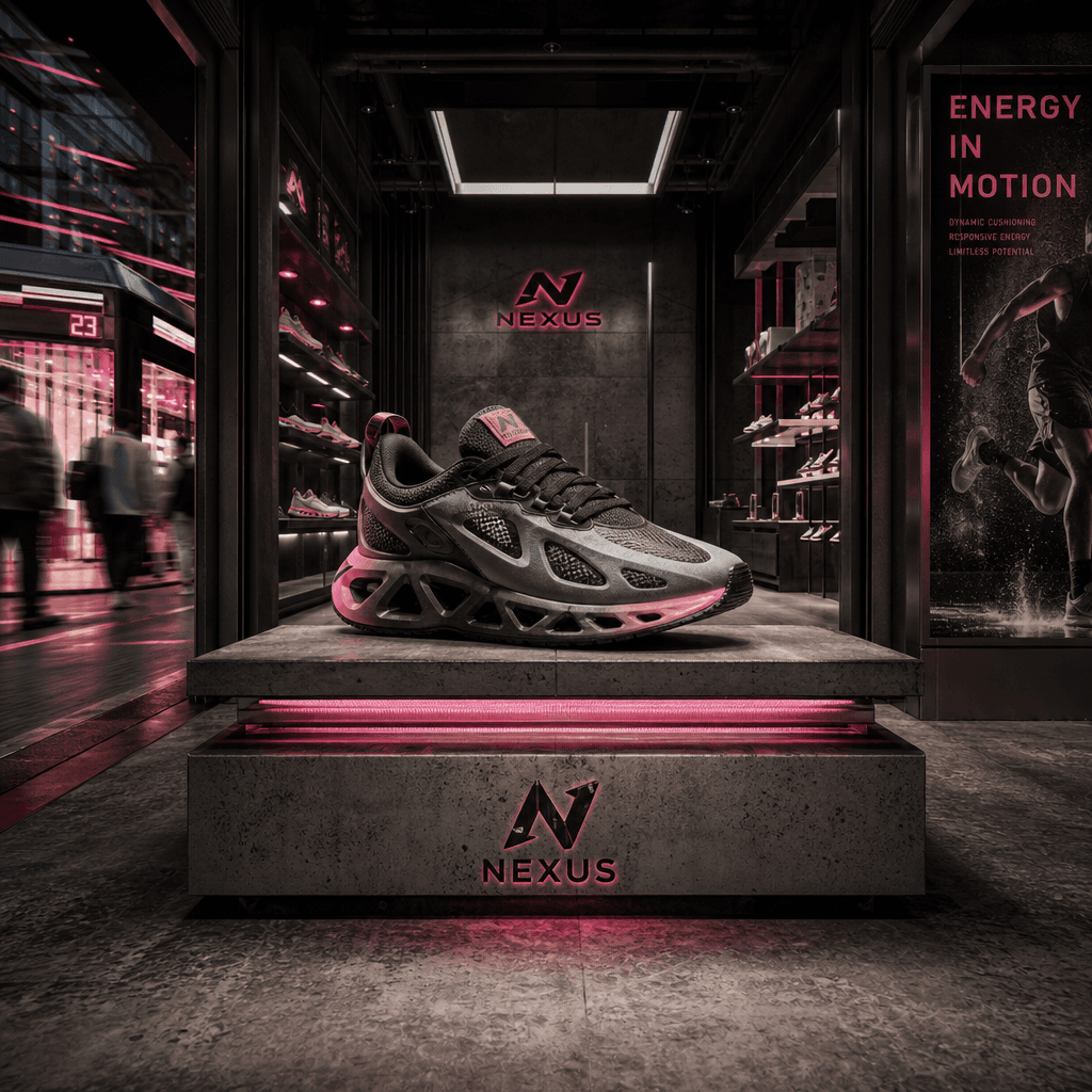 A futuristic sneaker at the center of an athletic concept store reached through a bus shelter portal, with layered metal