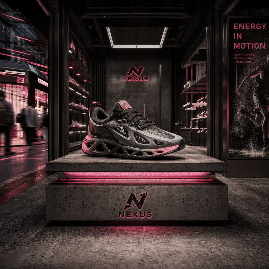 A futuristic sneaker at the center of an athletic concept store reached through a bus shelter portal, with layered metal