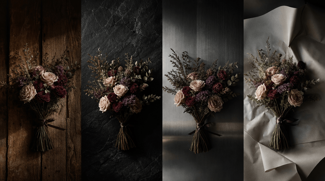 A single bouquet photographed across an atmospheric sequence of physical campaign surfaces: weathered wood, dark stone,