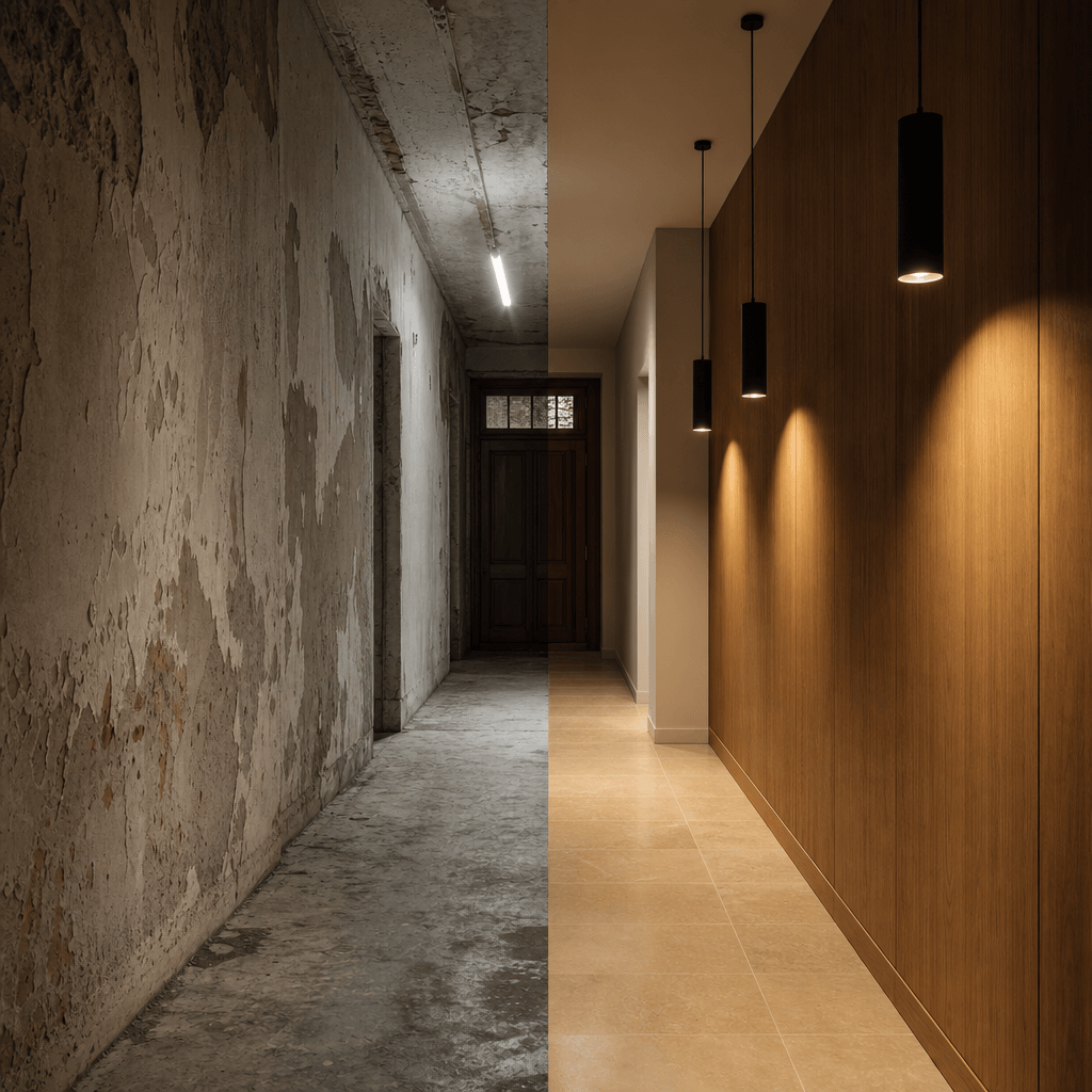Square cinematic interior reveal image: a narrow hallway photographed straight-on, split vertically down the center. Lef