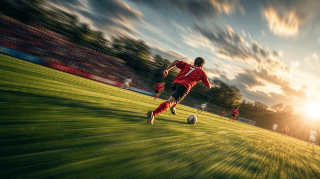 Dynamic camera movement visualization with sweeping diagonal lines suggesting motion across a field. Depth blur effect a