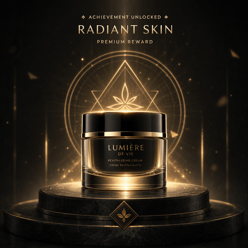Premium skincare product jar centered as game reward, moody dark background, soft golden rim light on the product, abstr