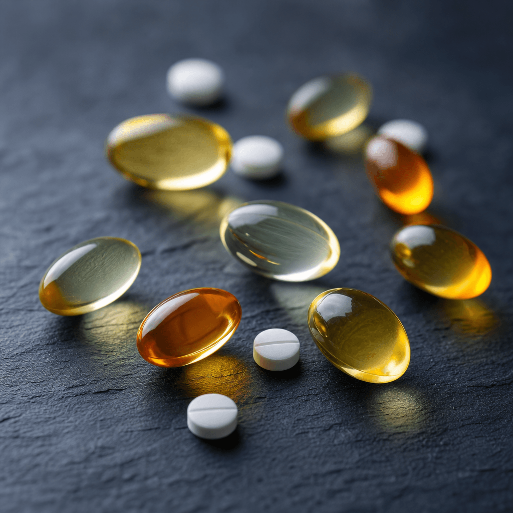 Arrangement of translucent gel capsules and small white tablets on a dark matte stone surface, shallow depth of field, m