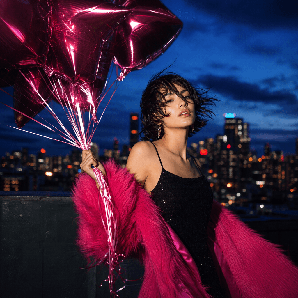 A bold outdoor birthday portrait at blue hour on a city rooftop, subject holding metallic balloons as wind moves their c