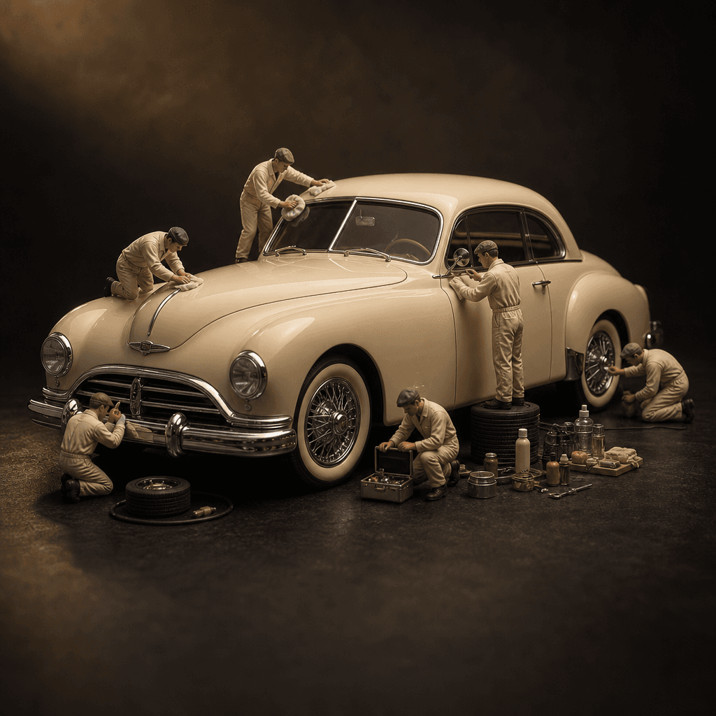 A classic cream-colored coupe receiving an elaborate miniature detailing service, with tiny workers waxing the hood, cle