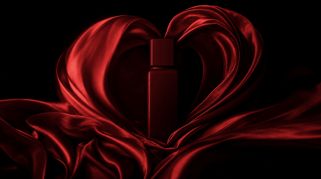 Sculptural silk folds curling around a simple matte product silhouette, forming a heart through light and shadow. Deep b