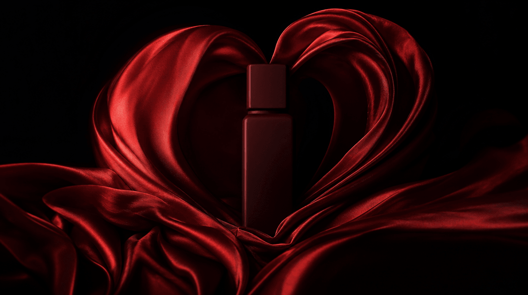 Sculptural silk folds curling around a simple matte product silhouette, forming a heart through light and shadow. Deep b