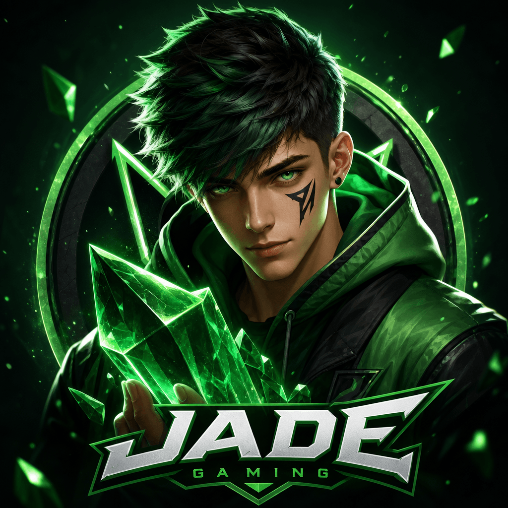 Gaming streamer avatar with green crystal. Polished character portrait, game-engine lighting quality, emerald green them
