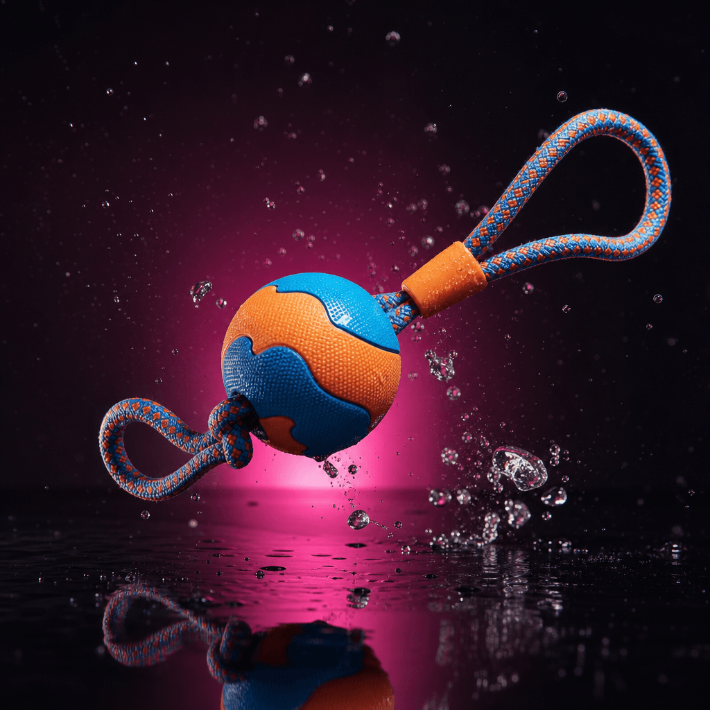 A colorful durable pet toy frozen in midair above a black reflective surface with tiny droplets and controlled motion pa