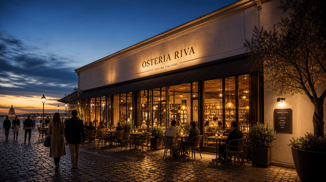 A wide exterior architectural render of a restaurant façade at blue-hour dusk, warm golden interior light spilling throu