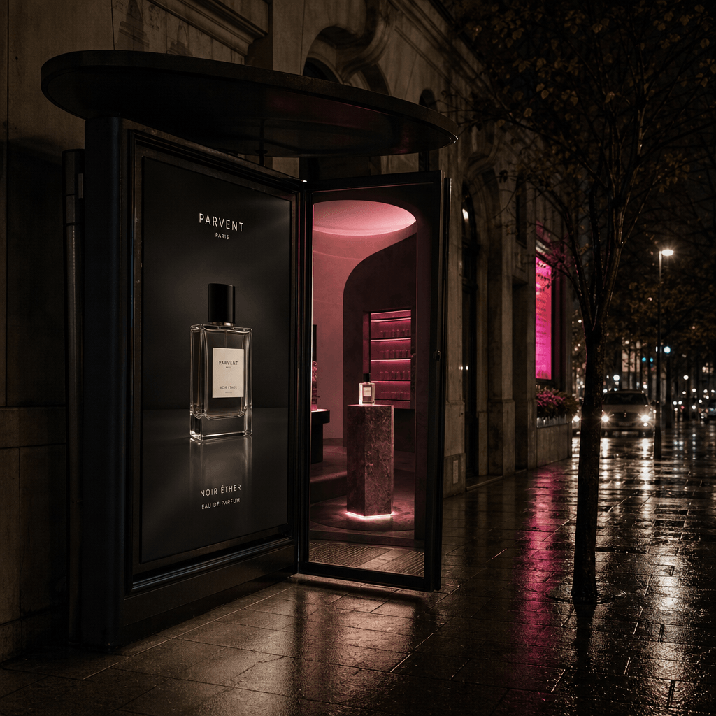 A minimalist fragrance bottle displayed inside a surreal boutique visible through an opened bus stop advertising panel,