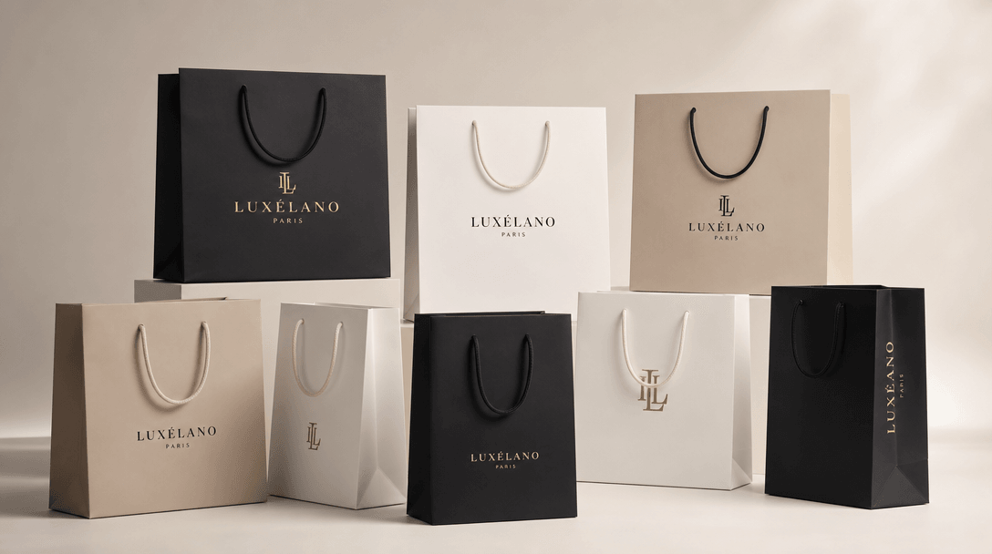 Multiple luxury shopping bags arranged professionally, logo placement variations visible, studio lighting setup, brand c
