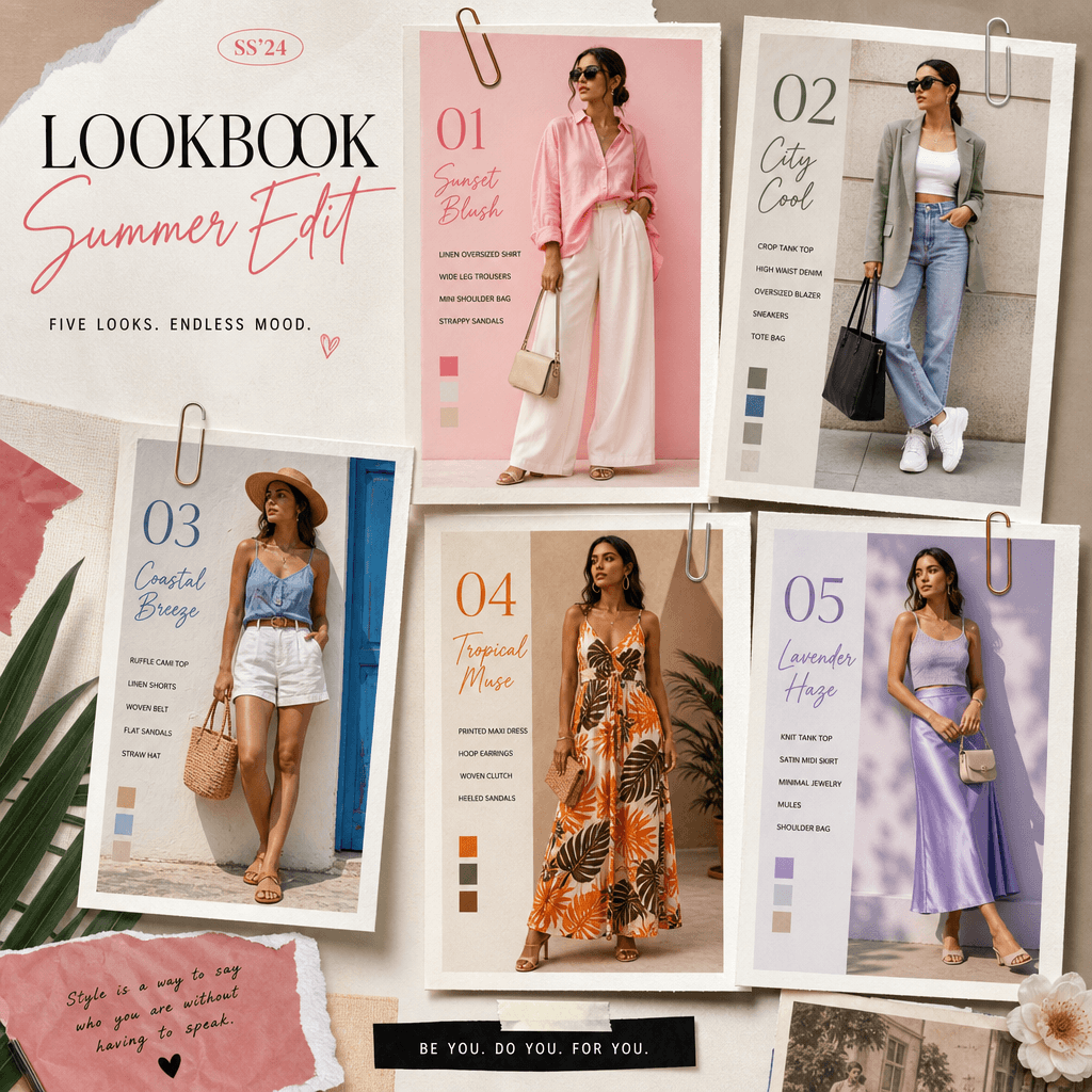 Finished lookbook video frame showing multiple outfit looks arranged as paper pages with paperclip design, vibrant fashi