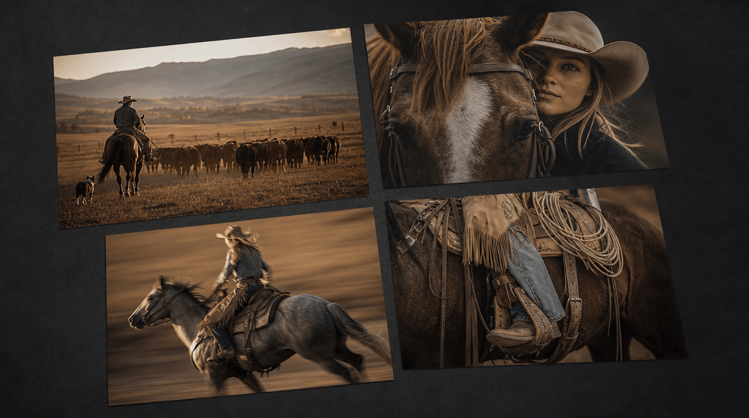 A cinematic contact-sheet-inspired arrangement of four distinct equestrian photographs without borders or writing, showi