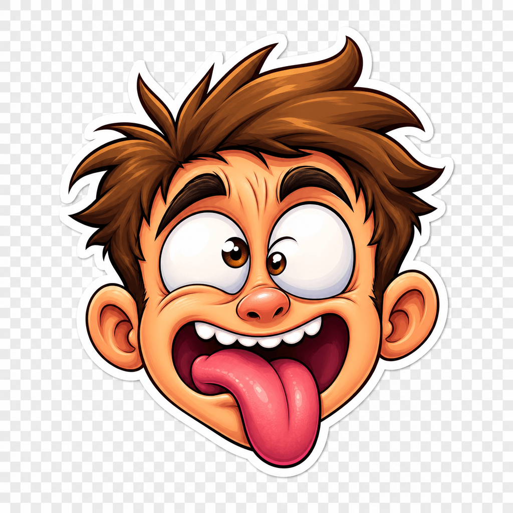Individual funny face sticker with exaggerated expression, cartoon-style rendering, transparent background, vibrant colo