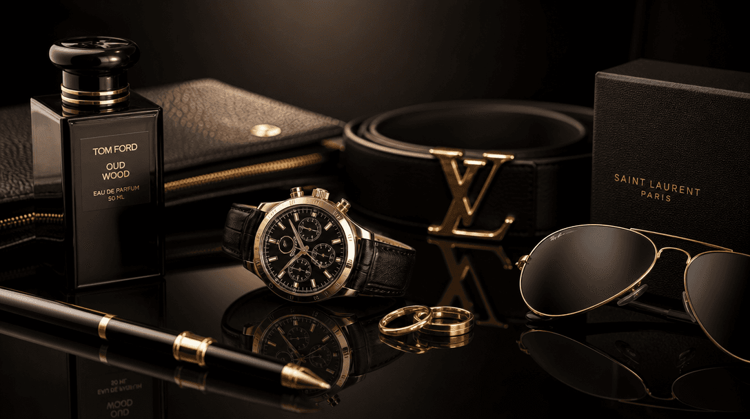 Multiple luxury products arranged on glossy black surface, professional studio lighting with sharp reflections, shallow