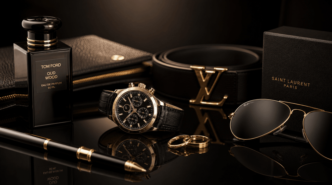 Multiple luxury products arranged on glossy black surface, professional studio lighting with sharp reflections, shallow