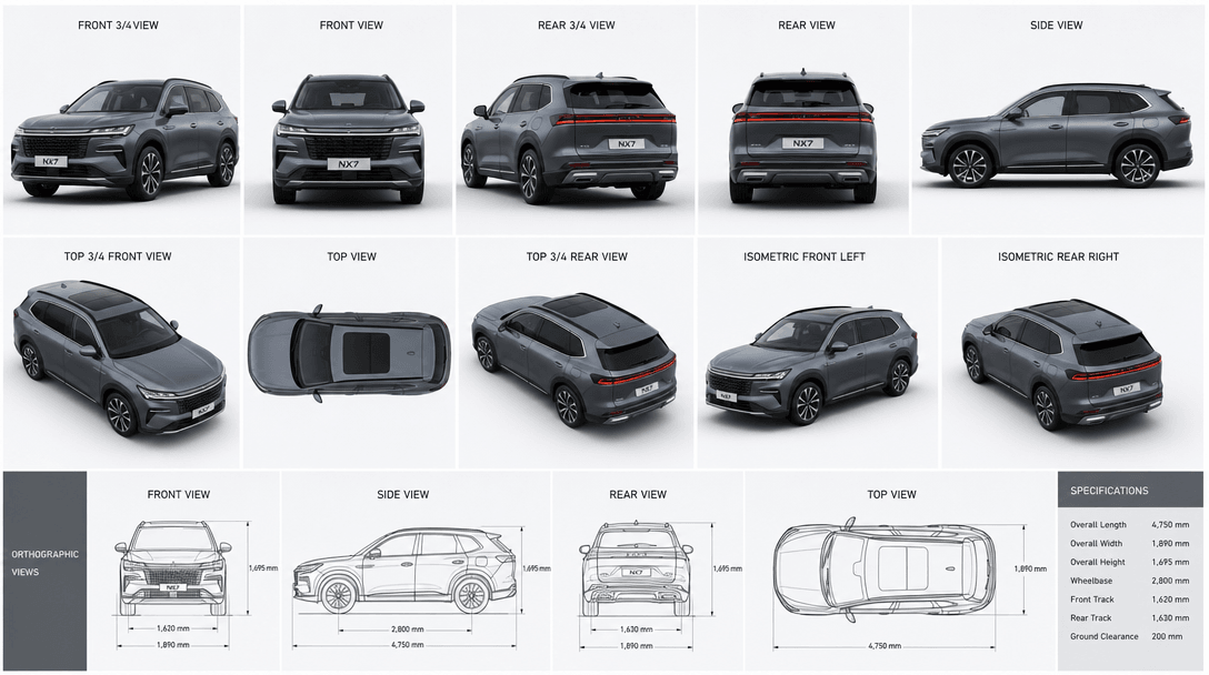 Multi-angle product visualization grid showing same car from different perspectives, isometric and orthographic technica