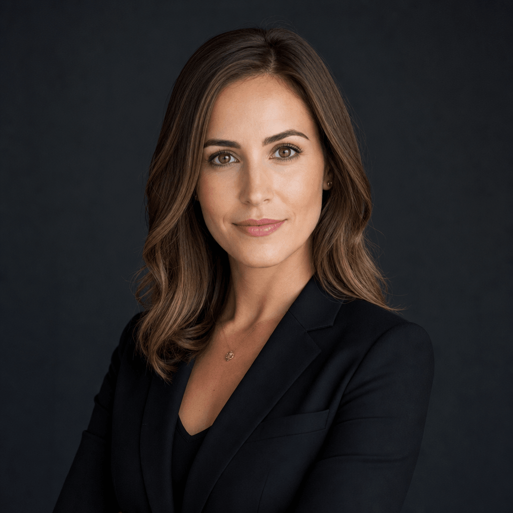 Professional female headshot in formal black blazer, cool studio lighting, dark minimalist background, confident compose
