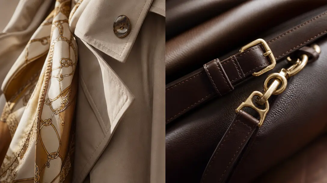 Fashion material and light play: close-up textile details—layered fabric, stitching, metal accessories—with natural stud