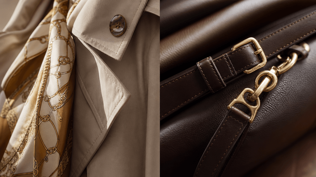 Fashion material and light play: close-up textile details—layered fabric, stitching, metal accessories—with natural stud