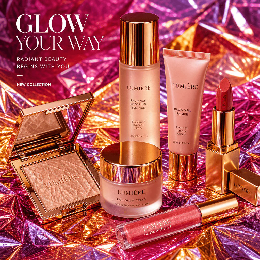 A beauty campaign image featuring a collection of cosmetic items arranged on a shiny foil surface. The composition shoul