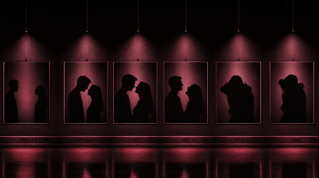 Six suspended photographic frames progressing through subtle romantic gestures, from a glance to laughter to a gentle em