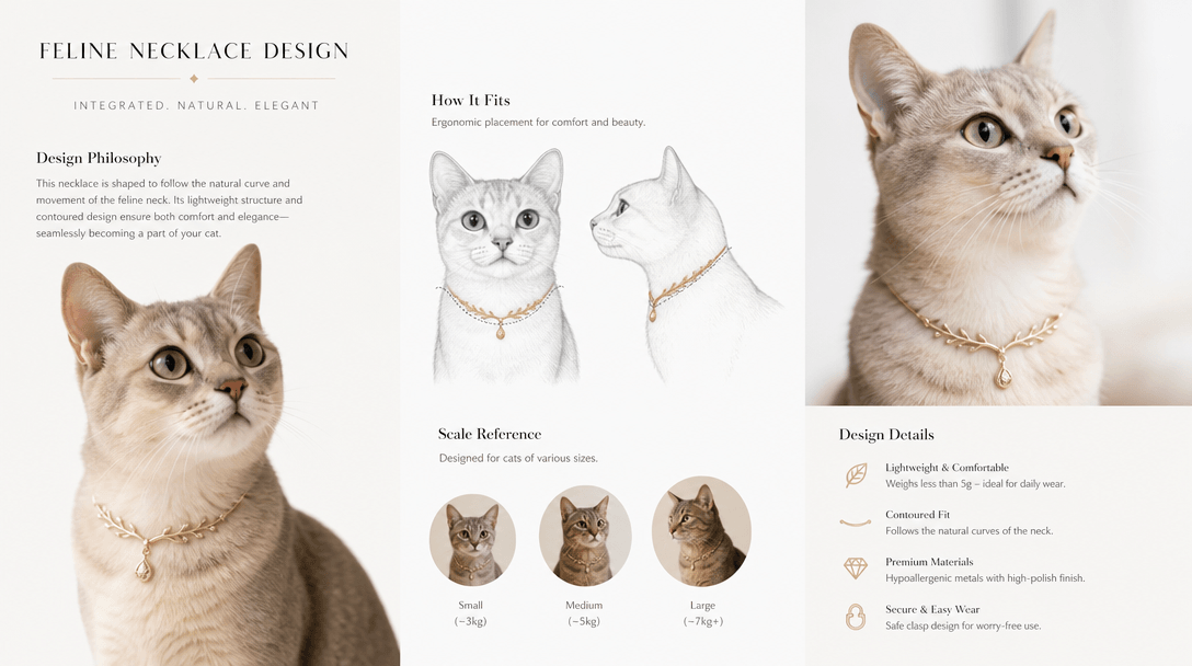 Jewelry integrating naturally onto pet anatomy, scaling and positioning visualization, realistic placement demonstration